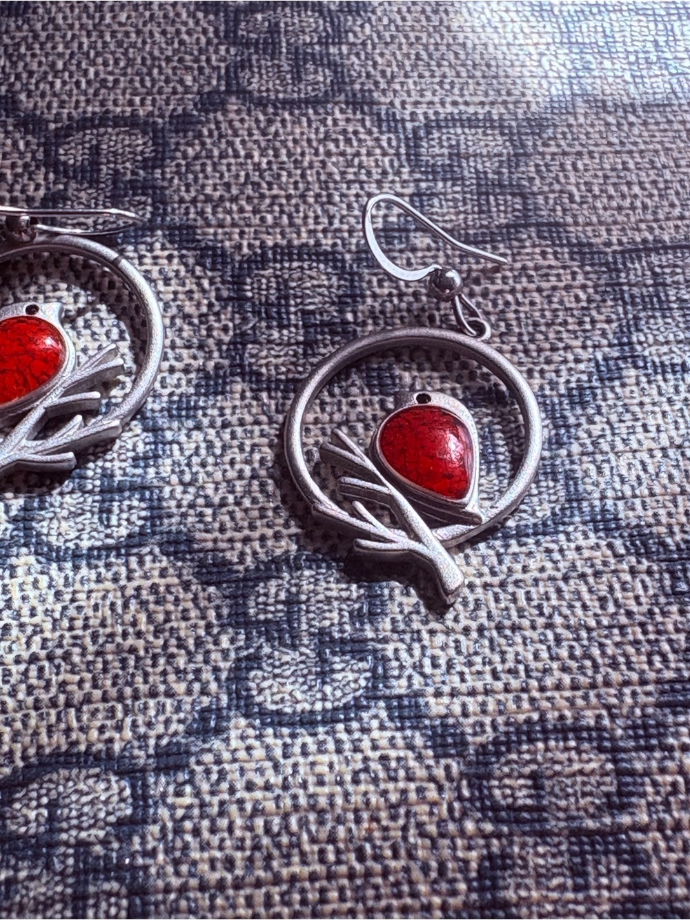Silver-Tone Hoop Earrings with Red Teardrop Stone